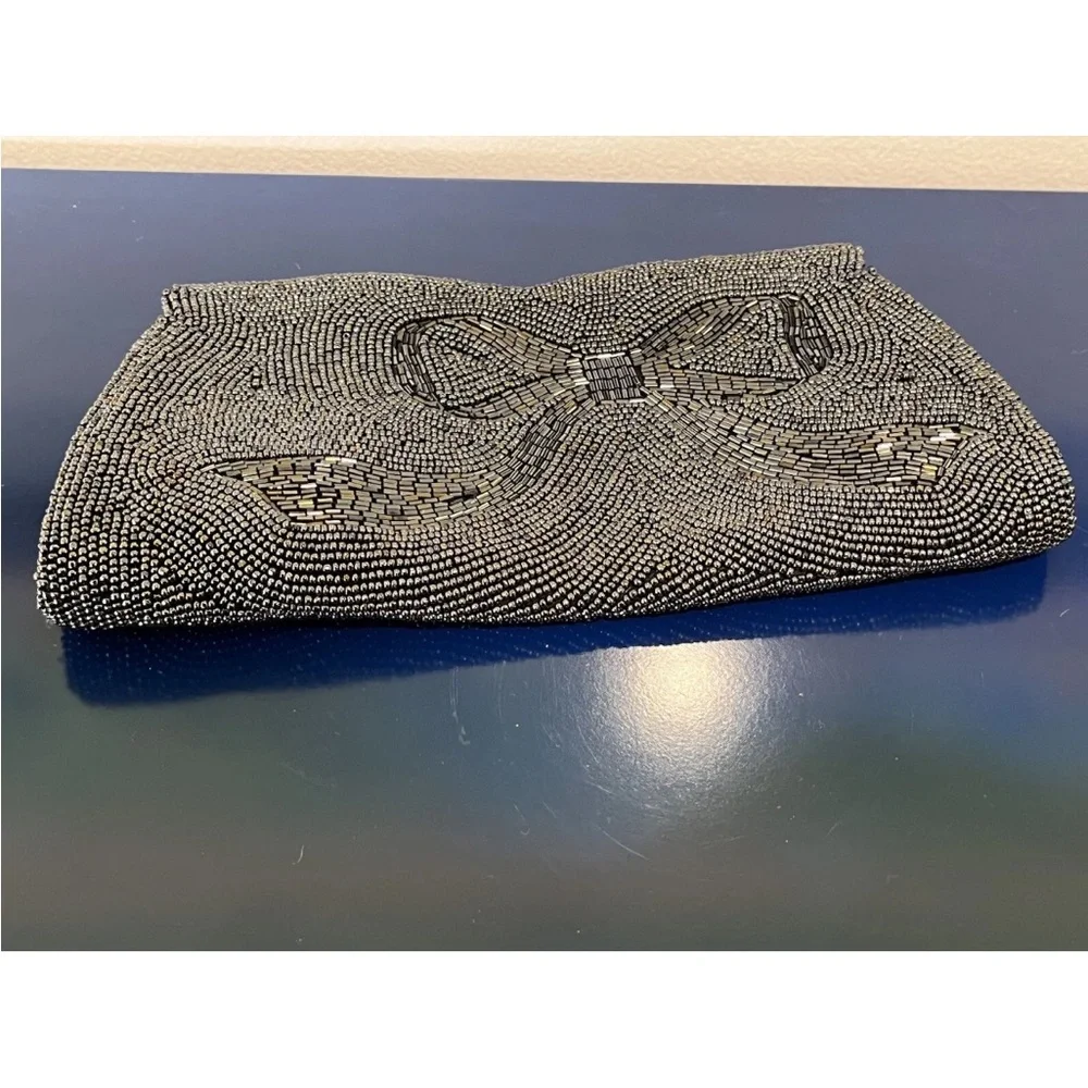 La Regale Black Beaded Purse Evening Bag Clutch Gray Bow Vintage 50s 60s Japan